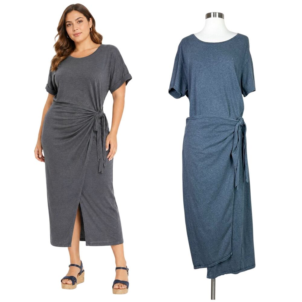 Polo Ralph Lauren | Gray Cotton Jersey Wrap Tie Designer Midi Dress Plus Size XL